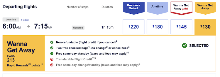 Southwest airlines Wanna Get Away Search from Phx to Las